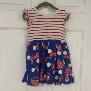 Mini Boden Red and Blue Striped Dress with Polka Dots and Cats